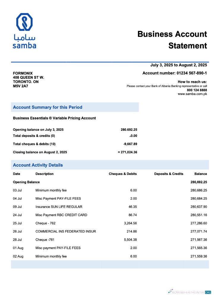 Download Saudi Arabia Samba firm account statement Word and PDF template Photoshop template